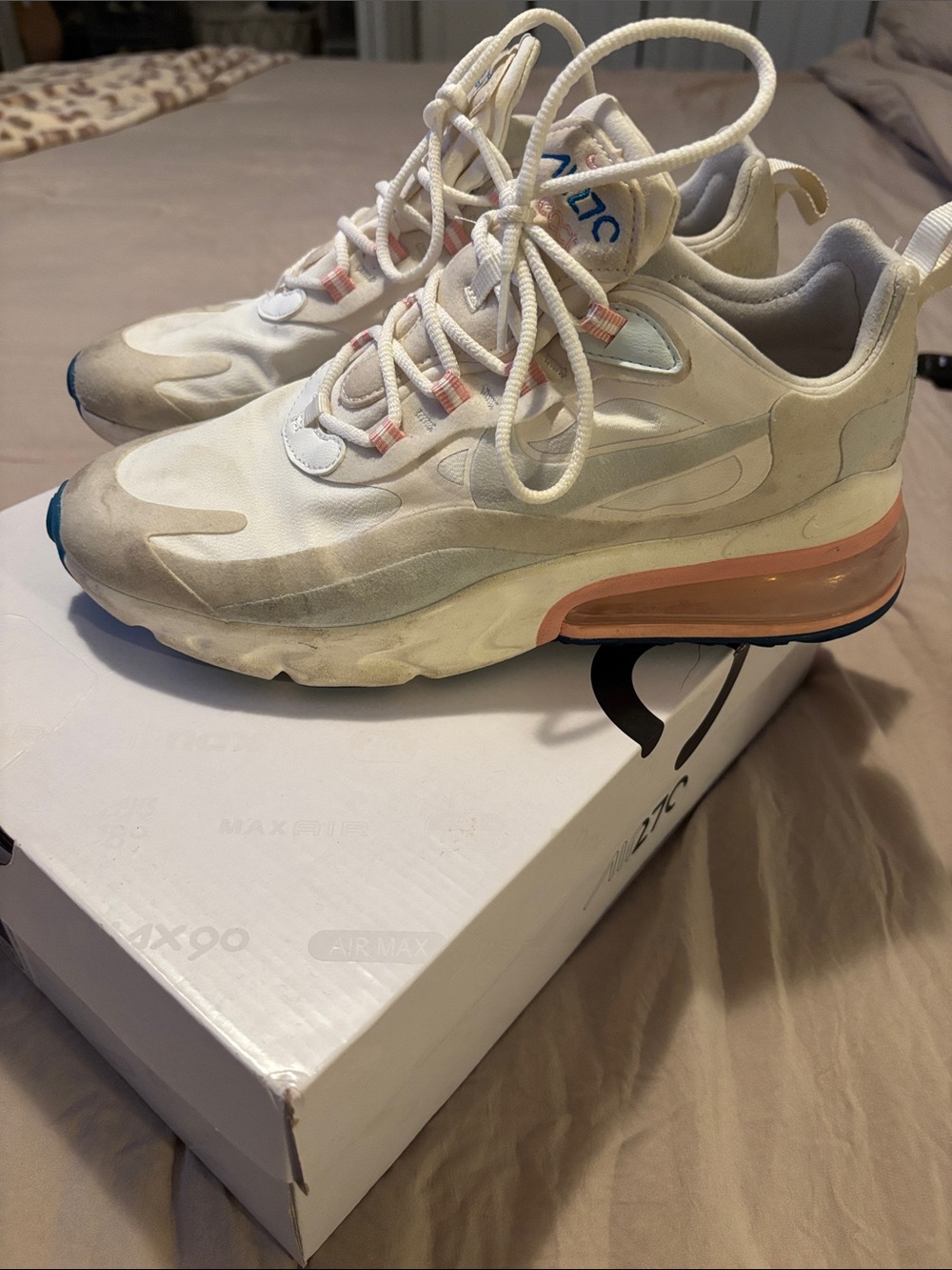 Nike Women’s Air Max 270 React - Cream with Coral and Blue Accents